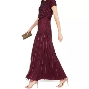 Adrianna Papell Plum Beaded Long Gown Short Sleeves